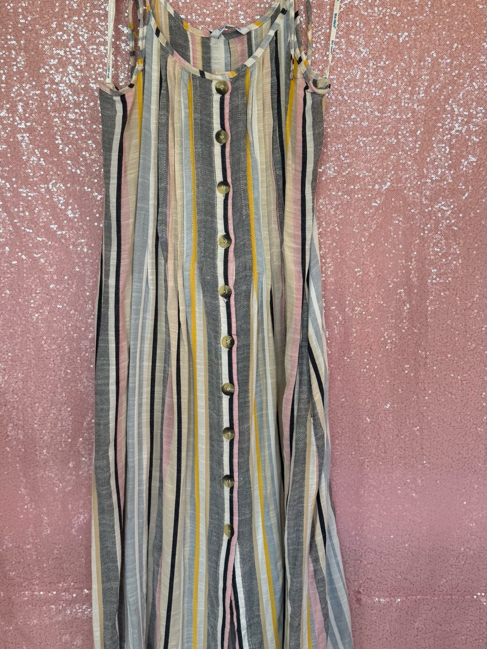 blue island Striped Button-Front Maxi Skirt in Pastel Pink, Yellow & Gray I3